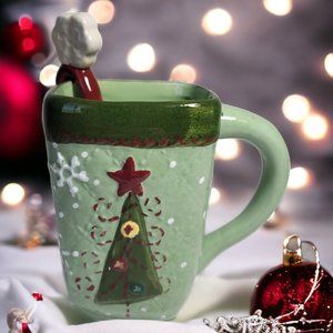 Cracker Barrel Coffee/Hot Chocolate Mug Green Christmas Quilt With Snowflake Spo